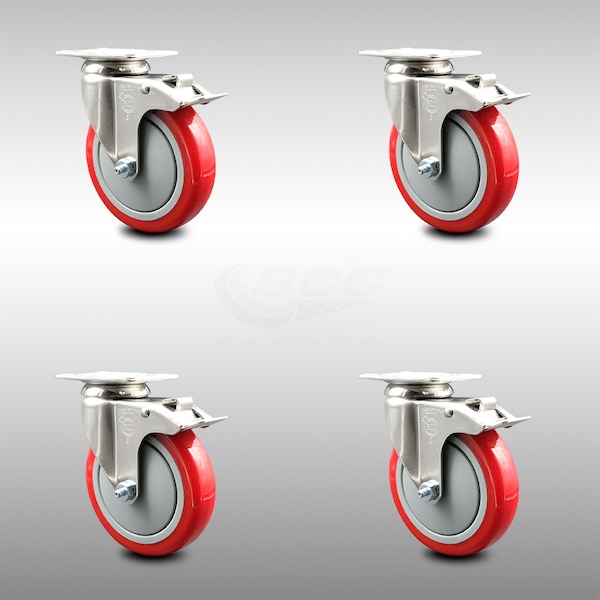 Service Caster 5 Inch 316SS Red Polyurethane Swivel Top Plate Caster Set Total Lock Brake SCC SCC-SS316TTL20S514-PPUB-RED-4 - main